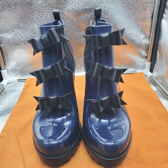 Melissa Karl Lagerfeld Boots Womens 6 Blue Bow Chelsea Ankle Rain Heel Platform - Picture 3 of 16